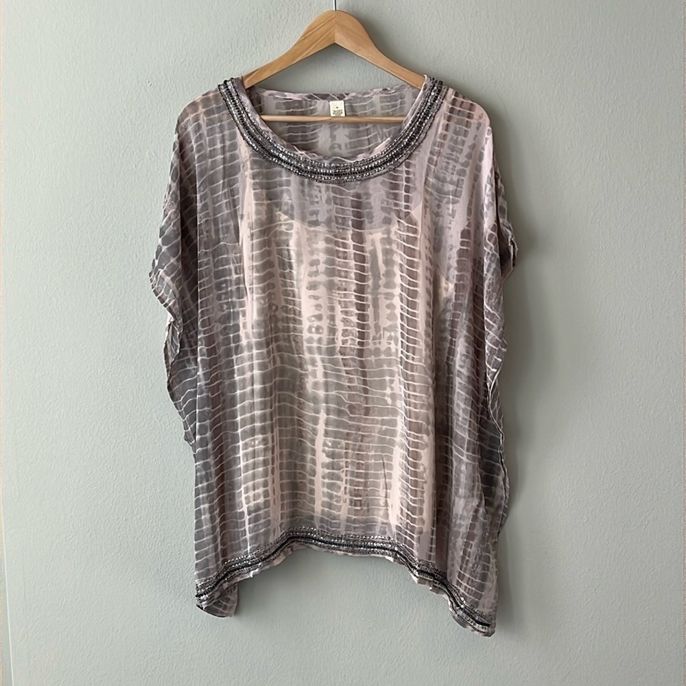 RAGA Sheer Beaded Sequin Boho Tunic With Nude Tank Top in Cream & Gray Size XL